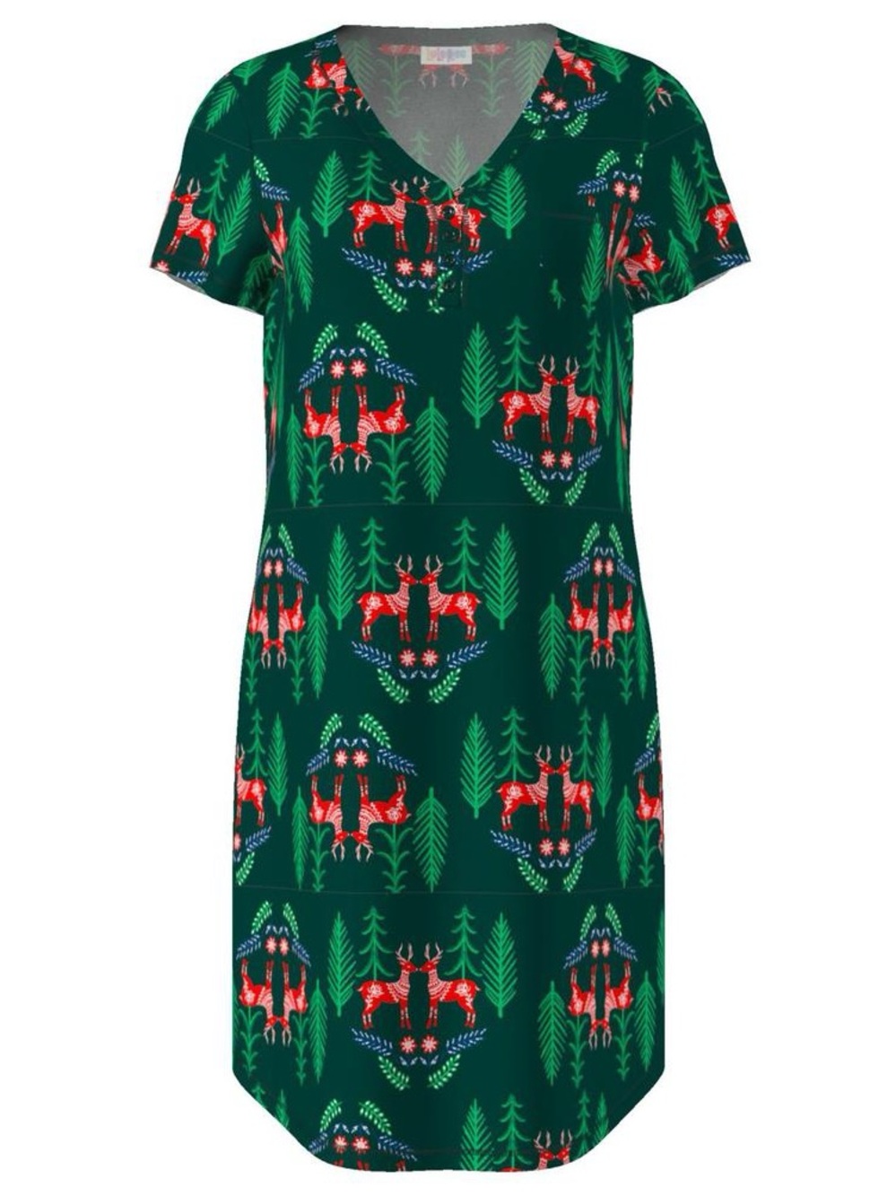 LuLaRoe Green V-Neck Kymbrie Deer Print Sleep Dress with Red Accents